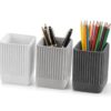 Henoyso 3 Pcs Concrete Pen Holder for Desk Modern Aesthetic Desktop Pencil Cup with Non-slip Dots Gray-tone Pencil Holder for Desk Organizer Office Decor Supplies (Fluted,2.76 × 2.76 × 3.74 Inches)