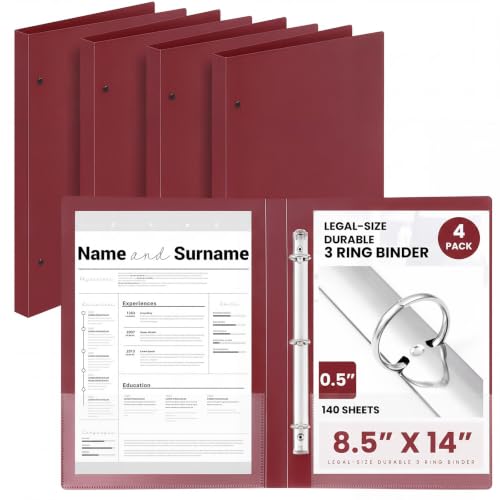 Henoyso 4 Pcs Legal Size Durable 3 Ring Binder for 8.5" x 14" Paper Hold up to 175 Sheets Round Ring Binders for Artwork Blueprints, Office, Home, Work Places (1 Inch,Dark Red)