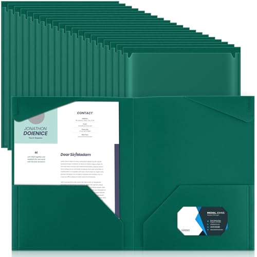 Henoyso 60 Pack Plastic Folders with Clear Front Pockets Bulk Heavy Duty File Folders with 2 Pockets and Card Slot for Student Teacher Back to School Supplies Office Presentation (Dark Green)