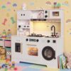 Hetoy 8-in-1 Wooden Play Kitchen Set for Kids - Lights & Sounds, Coffee Maker, Stove/Basin/Oven/Microwave- Pretend Cooking Toy Ages 3+