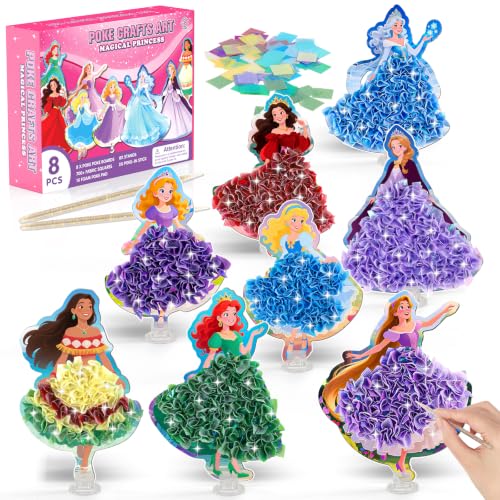 Heuceou 8 PCS Mess-Free Magical Princess Poke Art Craft Kit for Kids Ages 4-8, Standing, DIY Fine Motor Activity, Creative & Busy, Birthday Gifts Toys for Girls Age 4, 5, 6, 7, 8, 9