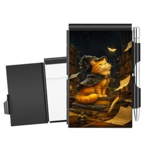HGGJFLYX Mini Metal Pocket Notebook with Pen,Golden Library Cat