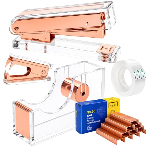 Hiceeden Acrylic Rose Gold Stapler and Tape Dispenser Set, Desk Accessories Office Supplies Includes Tape, Staple Remover and 1000pcs 26/6 Staples, Modern Cute Stapler Set for Desk