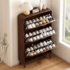Hidden Wood Shoe Cabinet with Flip Drawers, 3 Tier Slim Entryway Shoe Storage Cabinet with Adjustable & Removable Shelves, Wall-Mounted Narrow Shoe Organizer for Hallway, apartments and small spaces