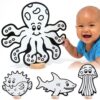 High-Contrast Black & White 3D Sea Creatures — Builds Baby Vision Books & Cards Can't. Then Toddler Motor Skills for School. Re-Colorable Jellyfish, Octopus, Pufferfish, Shark + 10 Crayons.