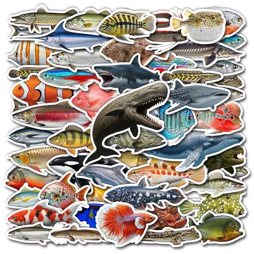 HIZILY 50 Pcs Funny Fish Stickers Deep Sea Fishes Vinyl Decal Waterproof Fishing Sticker Laptop Guitar Skateboard Water Bottle Phone Bike Scrapbooking Journals Luggage Gifts for Teens Adults
