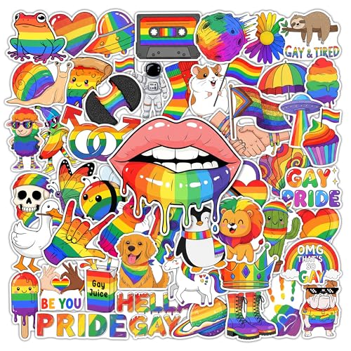 HIZILY 50 Pcs LGBT Pride Stickers Waterproof Rainbow Vinyl Decals LGBTQ Gay Sticker Laptop Water Bottle Tablet Phone Skateboard Guitar Helmet Luggage Scrapbook Journal Gifts for Adults Women