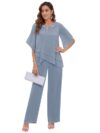 HIZWI Chiffon Mother of The Groom Pant Suits for Women Dressy Sparkly Boat Neck Two Pieces Dusty Blue Wedding Guest Pants Set Size 12