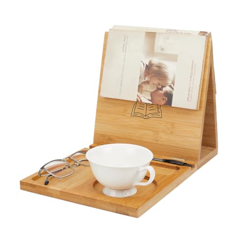 HOBBIESAY 1Set Wooden Book Holder Wooden Triangle Bookmark Reading Rest with Slotted Book Display Bookmark Books Stand with Glasses Pen Cup and Phone Holder Gifts for Bookworms