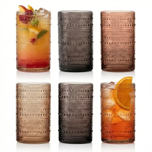 Hobnail Beaded Highball Drinking Tumbler Glasses, Set of 6, 13oz Venus Color Polycarbonate Shatterproof Reusable Drinkware Cups Juice Water Cocktail Iced Tea Wine, Party Home Kitchen Tabletop Gift