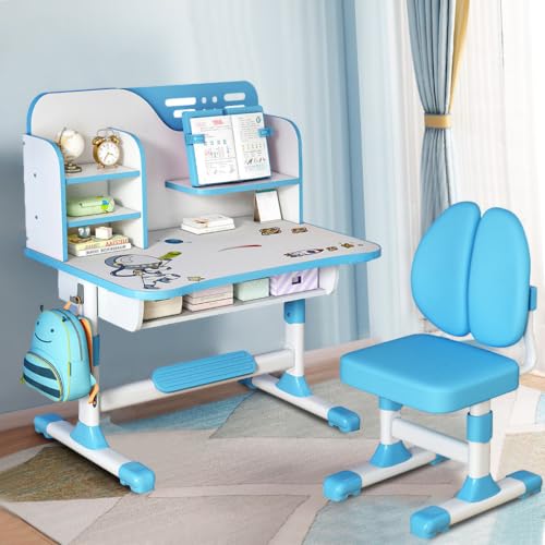 Hokxusee Kids Desk and Chair Set, Height Adjustable Kids Study Desk with Chair, Children's Writing Table with Storage Drawer, Bookshelf and Large Desktop for Homework, Homeschooling and Learning