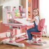 Hokxusee Kids Desk and Chair Set, Height Adjustable Kids Study Desk with Chair, Children's Writing Table with 50 Degree Tilting Desktop, Bookshelf and Storage Drawer for Homework, Homeschooling