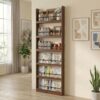 holzart 6-Tier Wall Mounted Bookshelf, 75.4" Tall Behind the Door Storage Shelf, Slim Narrow Display Rack with Guardrails for Magazines, Books & Collectibles, Rustic Brown Wall Shelf