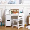 Homhougo Kids Desk and Chair Set, Small Wooden Study Table with Storage Hutch & Bookshelf