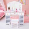 Homhougo Kids Vanity Table & Stool Set - Wooden Girls Dressing Table