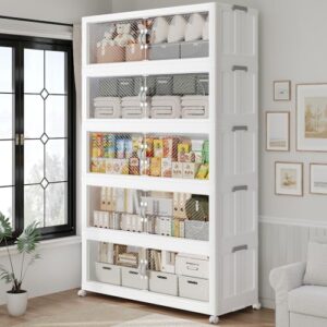 HOMJNIU 75GAL/300QT Plastic Storage Bins with Lids & Wheels, Collapsible Stackable Storage Boxes, Large Folding Cabinet Organizers for Closet Home Kitchen Office, 5Pack White