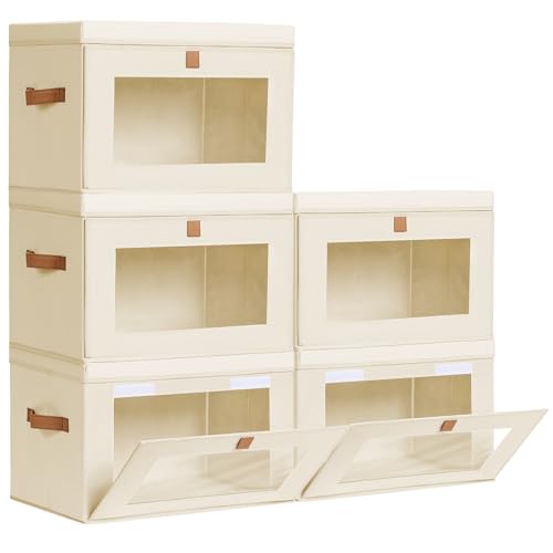 Homsorout Large Closet Storage Organizer - Clothes Storage Bins with Handles & Window, Collapsible Decorative Boxes with Lids, Fabric Containers for Living Room, Dorm, 5 Pack, Beige