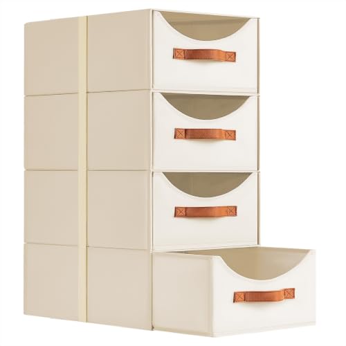 Homsorout Stackable Storage Drawers - Large Collapsible Storage Bins with Drawers, 4 Pack Closet Shelf Organizer Basket, Fabric Pull Out Organizer for Bedroom, Living Room, Dorm, Light Beige