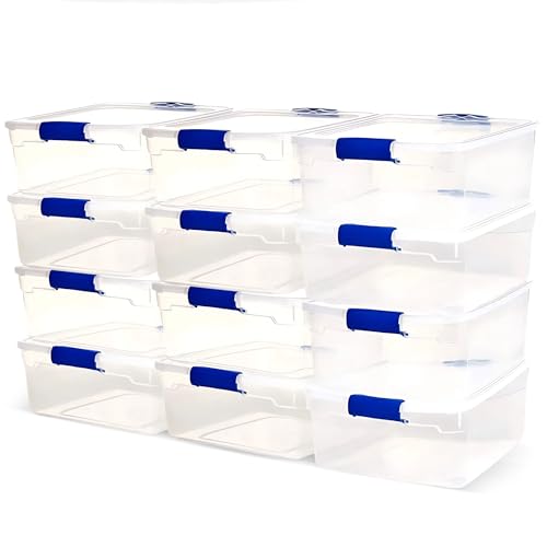 HOMZ 12-Pack Secure Latch, Clear Plastic Storage Organizer Bins, 15.5 Quart, Blue - Stackable Container Boxes for Bedroom, Bathroom, Garage, and Office Organization