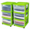 HOMZ 2-Pack Drawer Tower, 3-Tier Clear Plastic Storage Organizer Cart, Bold Lime Frame - Organizing Containers with Wheels for Home, Bathroom, Bedroom, Office, and Classroom