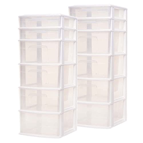 HOMZ 2-Pack Drawer Tower, 6-Tier Clear Plastic Storage Organizer Cart, White Frame - Heavy-Duty Organizing Drawers for Home, Bedroom, and Closet Organization