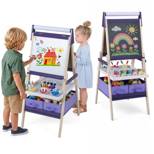 HONEY JOY Art Easel for Kids, 3-in-1 Double-Sided Wooden Toddler Easel w/Magnetic White Board & Chalkboard, Paper Roll, 2 Storage Bins, Painting Dry Erase, Kids Easel for Boys Girls Aged 3-6, Purple