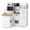 HONEY JOY Corner Kids Kitchen Playset, Little Chef Wooden Play Kitchen for Toddlers, Microwave, Refrigerator, Water Dispenser, Range Hood, Cookware, Pretend Play Toy Kitchen Set for Boys Girls