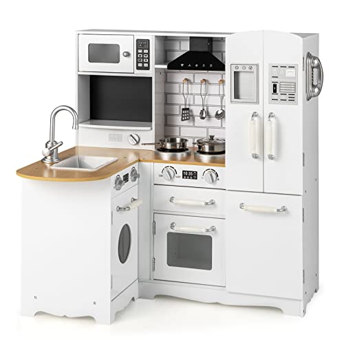 HONEY JOY Corner Kids Kitchen Playset, Little Chef Wooden Play Kitchen for Toddlers, Microwave, Refrigerator, Water Dispenser, Range Hood, Cookware, Pretend Play Toy Kitchen Set for Boys Girls