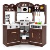 HONEY JOY Corner Play Kitchen, Toddler Wooden Toy Kitchen Set w/Lights, Coffee Maker, Microwave, Sink, Faucet, Little Chef Pretend Play Kids Kitchen Playset for Boys Girls (Coffee)