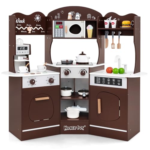 HONEY JOY Corner Play Kitchen, Toddler Wooden Toy Kitchen Set w/Lights, Coffee Maker, Microwave, Sink, Faucet, Little Chef Pretend Play Kids Kitchen Playset for Boys Girls (Coffee)