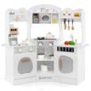 HONEY JOY Corner Play Kitchen, Toddler Wooden Toy Kitchen Set w/Lights, Coffee Maker, Microwave, Sink, Faucet, Little Chef Pretend Play Kids Kitchen Playset for Boys Girls (White)