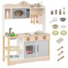 HONEY JOY Kids Kitchen Playset, Wooden Play Kitchen for Toddlers, Microwave, Sink& Oven, 13 Cooking Accessories, Storage Cabinet, Little Chef Pretend Play Toy Kitchen Set, Gift for Boys Girls, Natural