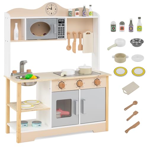 HONEY JOY Kids Kitchen Playset, Wooden Play Kitchen for Toddlers, Microwave, Sink& Oven, 13 Cooking Accessories, Storage Cabinet, Little Chef Pretend Play Toy Kitchen Set, Gift for Boys Girls, Natural