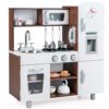 HONEY JOY Kids Kitchen Playset, Wooden Pretend Play Kitchen for Toddlers, Cookware Utensil, Phone, Clock, Water Dispenser, Storage Cabinet, Little Chef Toy Kitchen Set, Gift for Boys Girls 3+, Coffee