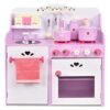 HONEY JOY Pink Kids Kitchen Playset, Wooden Pretend Play Kitchen for Toddlers, 13 Pcs Cookware Utensils, Faucet, Stove, Storage Cabinet, Little Chef Toy Kitchen Set, Gift for Boys Girls 3+, Pink