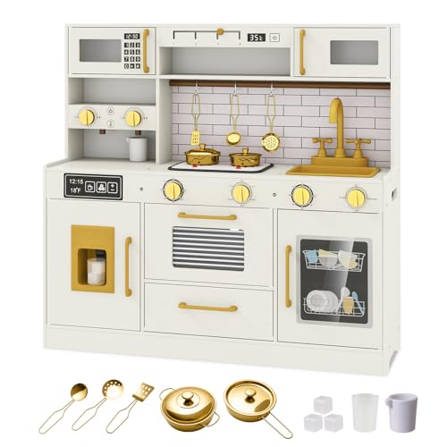 HONEY JOY Play Kitchen for Toddlers, Wooden Kids Kitchen Playset, Ice Maker & Coffee Maker, Microwave, Oven, Stove, Little Chef Pretend Toy Kitchen Set for Boys Girls Gift (Beige Golden)