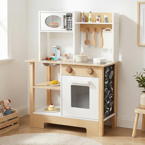 HONEY JOY Play Kitchen with Chalkboard, Wooden Kids Kitchen Playset, Stove, Microwave, Faucet & Sink, 13 Cook Accessories, Storage Cabinet, Toy Kitchen Set, Gift for Toddlers Boys Girls, Natural
