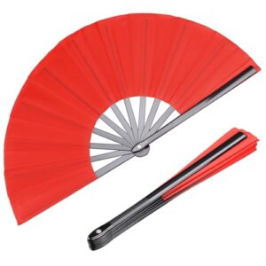 HONSHEN 2 Pack Large Folding Hand Fan, red Chinese Kung Fu Tai Chi Fan Nylon-Cloth Fan for Men and Women Performance, Dance, Decorations, Festival, Gift (Folding Fan red 2p)