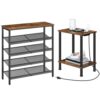 HOOBRO Shoe Rack and End Table Bundle, 5-Tier Shoe Organizer with Adjustable Mesh Shelves and Side Table with Charging Station BF12XJ01-BF09UBZ01