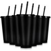 Hooqict 7 Sets Reusable Cups with Lids and Straws 24 oz Plastic Tumblers Black Party Favor Cups Water Bottle Iced Coffee Travel Mug for Kids, Adults, Summer Birthday Parties