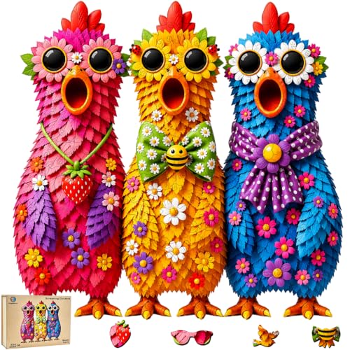 Hopelucr Wooden Puzzles for Adults, Floral Chickens Jigsaw Puzzles for Adults 300 Pieces, Unique Animal Shaped Wood Puzzles, Fun Challenging Puzzle Gift for Friends Family Game Home Decor 14.9x14.4 in