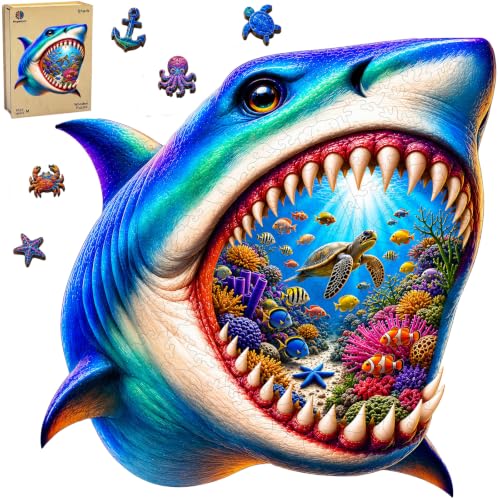 Hopelucr Wooden Puzzles for Adults, Shark Wooden Jigsaw Puzzle 200 Pieces, Unique Animal Shaped Wood Puzzles, Fun Challenging Ocean World Puzzles Gift for Adults Kids Family Game Home Decor 11 * 11 in