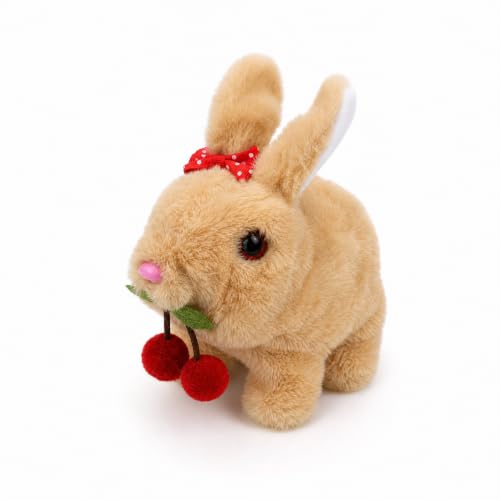 Hopping Bunny Toy, Hopping Rabbit Interactive Rabbit Toys for Kids Age 3+ Toddler Girls Boys, Walking Bunny Stuffed Animals with Ear Mouth Twitch Sound Cherry Bow, Gift for Birthday Easter Christmas