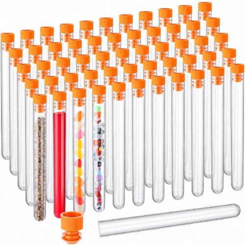 Hoteam 100 Pack Plastic Test Tubes with Caps, 25ml/6" Clear Tubes Vials, Sample Tube for Plant Tube Propagation, Bead, Candy, Party DIY Gifts, Crafts & Scientific Experiments (150 x 16 mm,Orange Lid)
