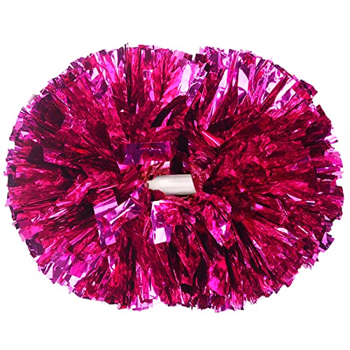 Hotfiary 2 Pcs Cheerleading Pom Poms for Kids Adults, Metallic Matte Iridescent Cheering with Baton Handle Boys Girls Women Men Team Spirit Dance School Sport Games Competition, Hot Pink