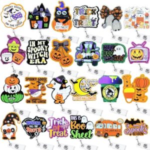 Hotlea 24 Horror Halloween Badge Reels Bulk Fall Badge Holders Retractable ID Name Tag Badge Clips Spooky Ghost Pumpkin Holiday Badge Buddy Accessories for Nurses Doctors Teachers Nursing Students