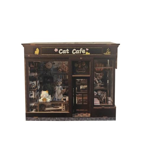 HoyoBrix Cat Cafe Miniature Wooden Dollhouse Kit, Unassembled Mini Coffee Shop Book Nook Model, DIY Handcraft Wood Display House for Adult Hobby Decor, No Glue & No Batteries Included