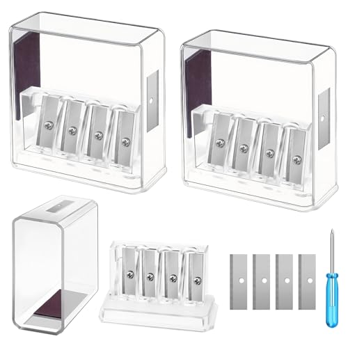 HRXMS 2Pcs Long Point Carpenter Pencil Sharpener - 4 Hole Handheld with Transparent Lid, 4 Extra Blades & Mini Screwdriver for Colored, Graphite, Charcoal Pencils