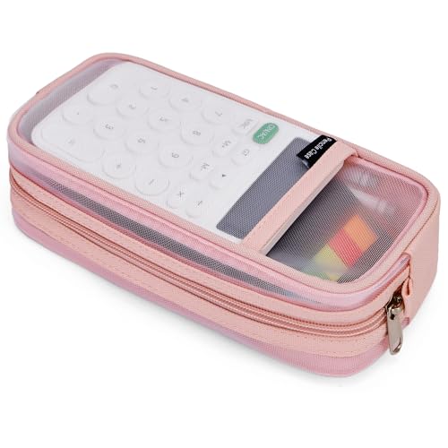 Hsmihair Grid Mesh Pencil Case, Large Compartment Pen Pouch with Zipper, Clear Portable Multifunction Pen Bag for School, Office, Girls Boys Teen, Transparent Makeup Travel Organizer (Pink)