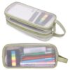 Hsmihair Large Grid Mesh Pencil Case, 2 Compartment Pen Pouch with Zipper, Clear Handheld Multifunction Pen Bag for School, Office, Teen Girls Boys, Travel Organizer Transparent Makeup